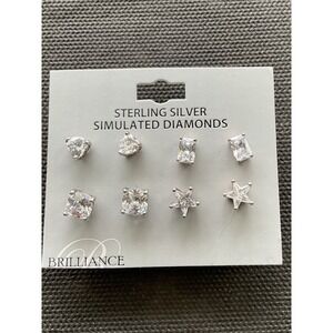Brilliance Sterling Silver Simulated Diamond Earring Set Of 4 Stud Pierced